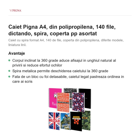Caiet Pigna A4, din polipropilena, 140 file, dictando, spira, coperta pp asortat [1]
