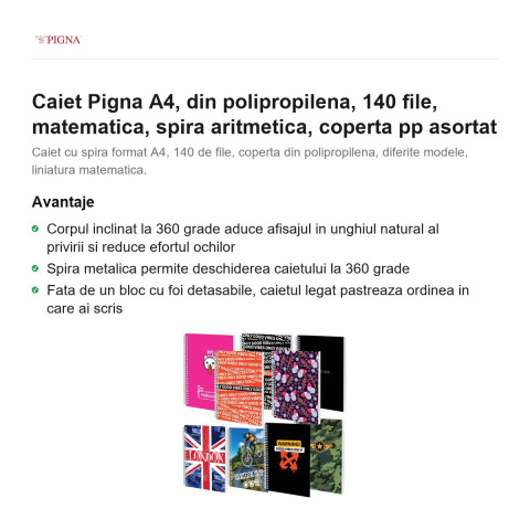 Caiet Pigna A4, din polipropilena, 140 file, matematica, spira aritmetica, coperta pp asortat [1]