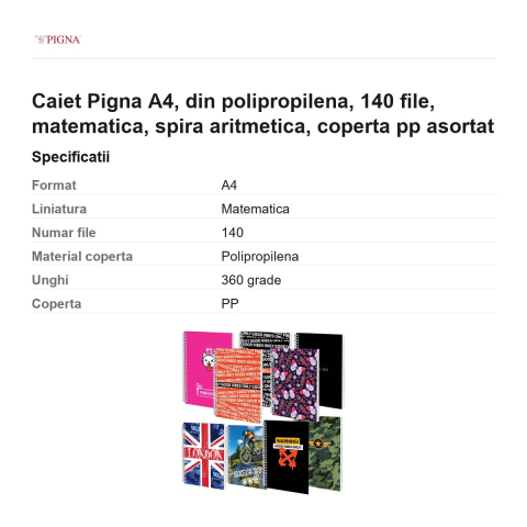 Caiet Pigna A4, din polipropilena, 140 file, matematica, spira aritmetica, coperta pp asortat [2]