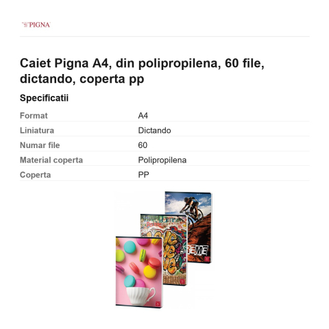 Caiet Pigna A4, din polipropilena, 60 file, dictando, coperta pp [2]