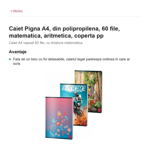 Caiet Pigna A4, din polipropilena, 60 file, matematica, aritmetica, coperta pp [1]