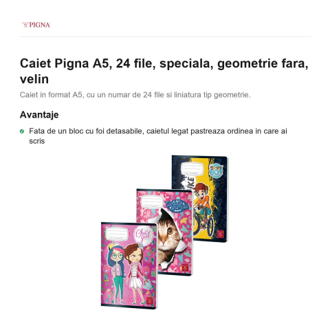 Caiet Pigna A5, 24 file, geometrie fara, velin [1]