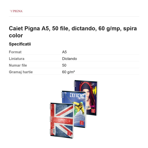 Caiet Pigna A5, 50 file, dictando, 60 g/mp, spira color [2]