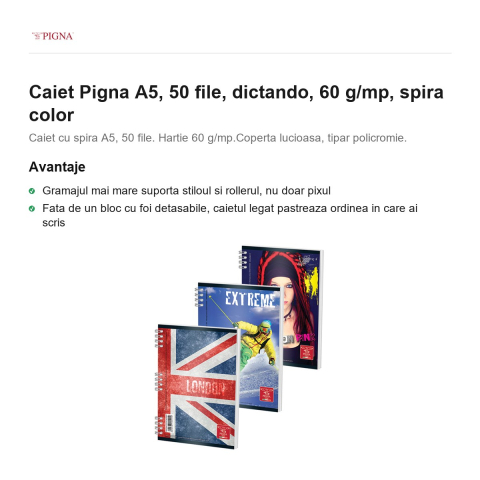 Caiet Pigna A5, 50 file, dictando, 60 g/mp, spira color [1]