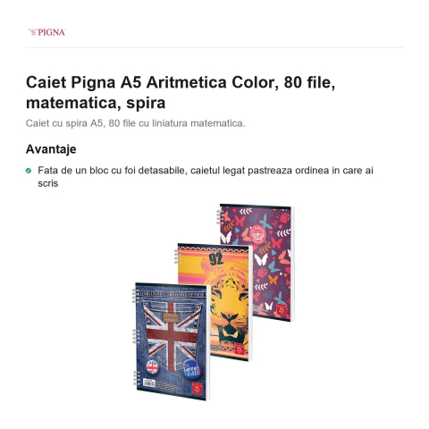Caiet Pigna A5 Aritmetica Color, 80 file, matematica, spira [1]