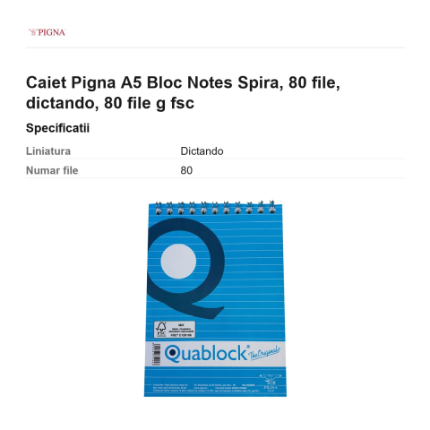 Bloc notes Pigna A5, 80 file, dictando, spira 80 g [2]