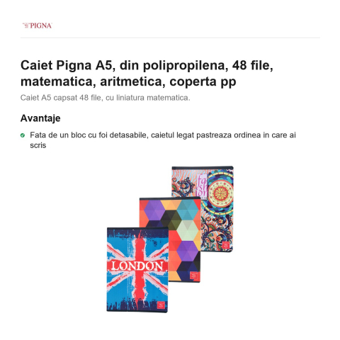 Caiet Pigna A5, din polipropilena, 48 file, matematica, aritmetica, coperta pp [1]