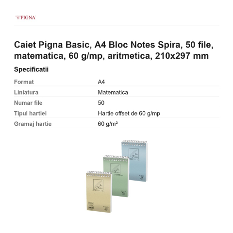 Bloc notes Pigna Basic, A4, 50 file, matematica, 60 g/mp, spira aritmetica, 210x297 mm [2]
