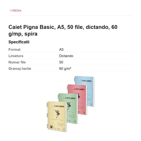 Caiet Pigna Basic, A5, 50 file, dictando, 60 g/mp, spira [2]