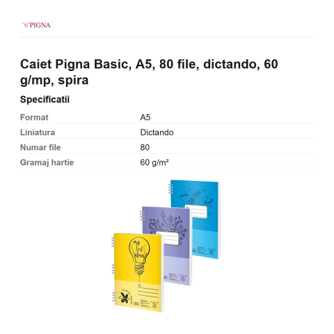 Caiet Pigna Basic, A5, 80 file, dictando, 60 g/mp, spira [2]