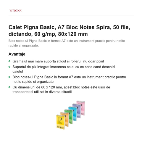 Bloc notes Pigna Basic, A7, 50 file, dictando, 60 g/mp, spira, 80x120 mm [1]