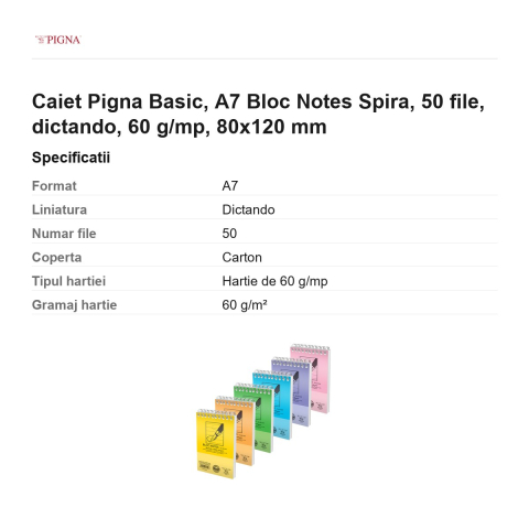 Bloc notes Pigna Basic, A7, 50 file, dictando, 60 g/mp, spira, 80x120 mm [2]