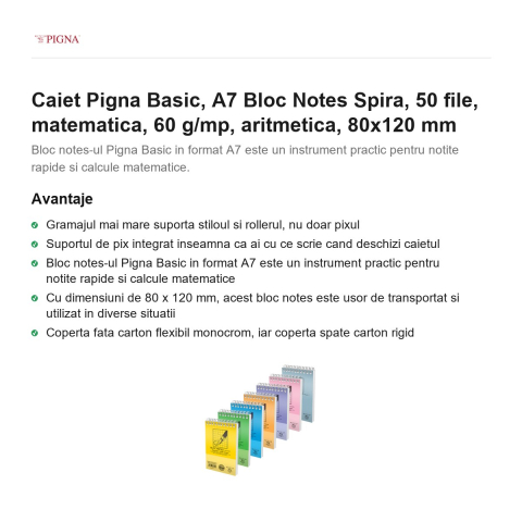 Bloc notes Pigna Basic, A7, 50 file, matematica, 60 g/mp, spira aritmetica, 80x120 mm [1]