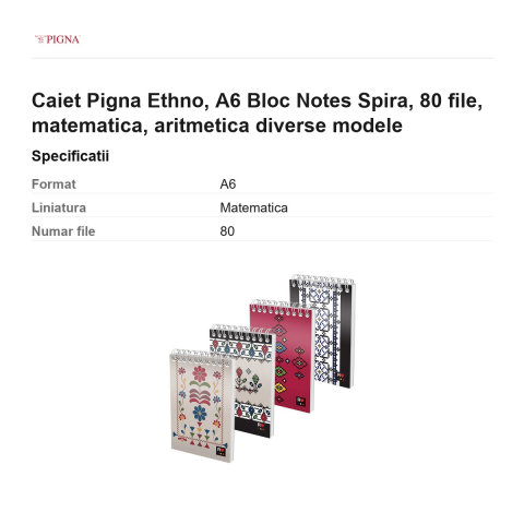 Bloc notes Pigna Ethno, A6, 80 file, matematica, spira aritmetica diverse modele [2]