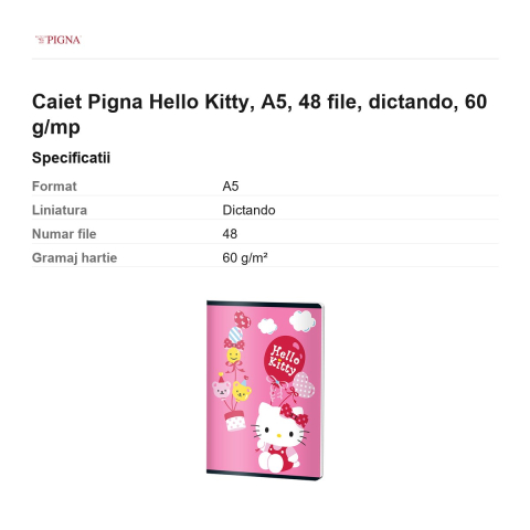 Caiet Pigna Hello Kitty, A5, 48 file, dictando, 60 g/mp [2]