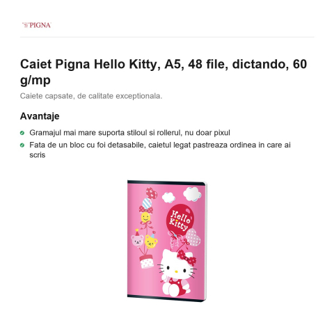 Caiet Pigna Hello Kitty, A5, 48 file, dictando, 60 g/mp [1]