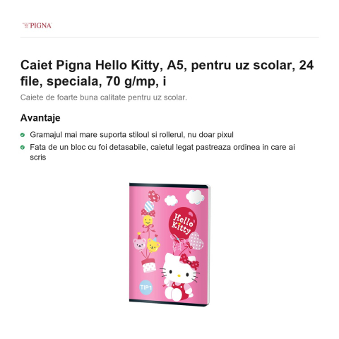 Caiet Pigna Hello Kitty, A5, pentru uz scolar, 24 file, 70 g/mp, i [1]