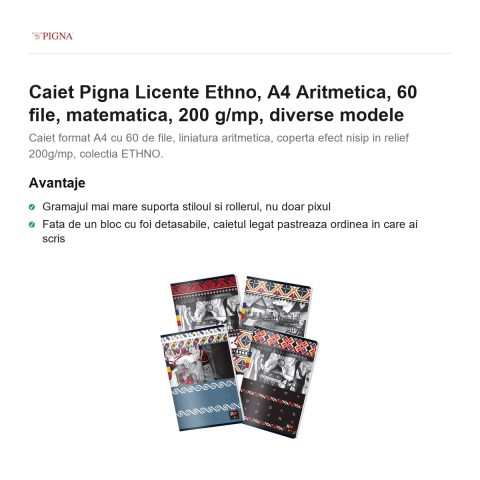 Caiet Pigna Licente Ethno, A4, 60 file, matematica, 200 g/mp, aritmetica diverse modele [1]