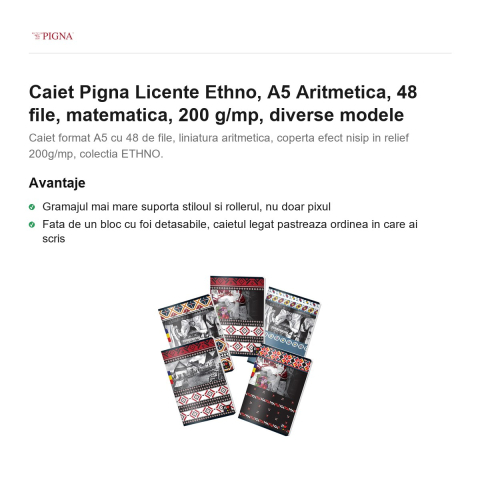 Caiet Pigna Licente Ethno, A5, 48 file, matematica, 200 g/mp, aritmetica diverse modele [1]
