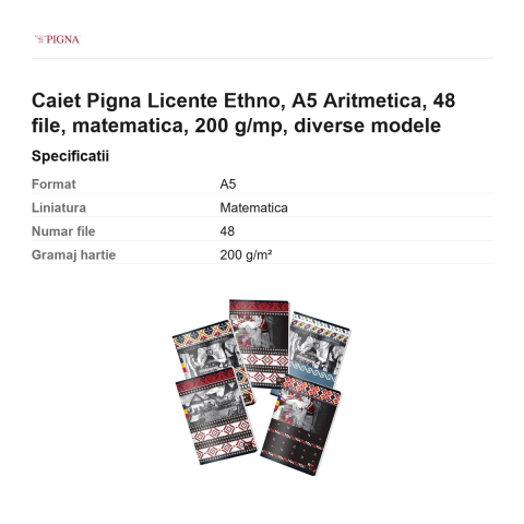 Caiet Pigna Licente Ethno, A5, 48 file, matematica, 200 g/mp, aritmetica diverse modele [2]