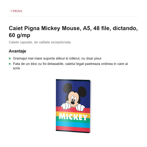 Caiet Pigna Mickey Mouse, A5, 48 file, dictando, 60 g/mp [1]