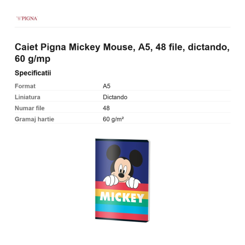 Caiet Pigna Mickey Mouse, A5, 48 file, dictando, 60 g/mp [2]