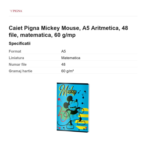 Caiet Pigna Mickey Mouse, A5, 48 file, matematica, 60 g/mp, aritmetica [2]