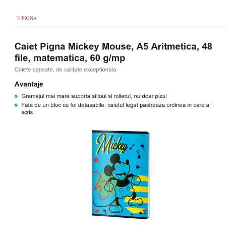 Caiet Pigna Mickey Mouse, A5, 48 file, matematica, 60 g/mp, aritmetica [1]