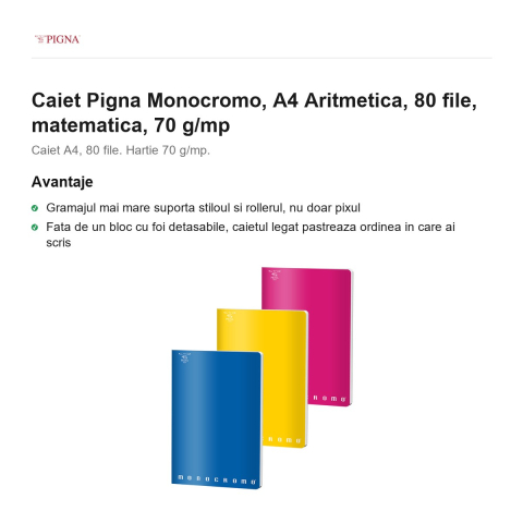 Caiet Pigna Monocromo, A4, 80 file, matematica, 70 g/mp, aritmetica [1]