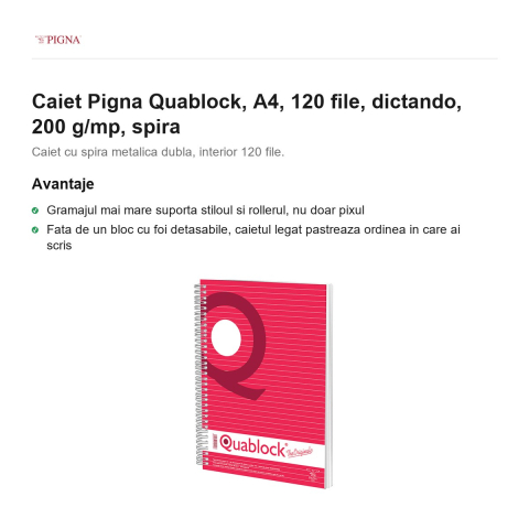 Caiet Pigna Quablock, A4, 120 file, dictando, 200 g/mp, spira [1]
