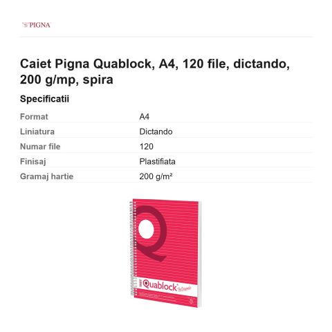 Caiet Pigna Quablock, A4, 120 file, dictando, 200 g/mp, spira [2]