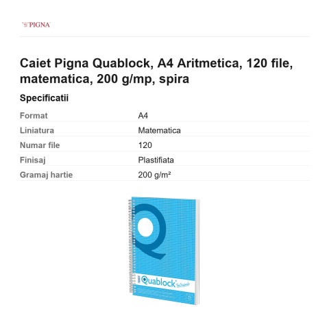 Caiet Pigna Quablock, A4, 120 file, matematica, 200 g/mp, spira aritmetica [2]
