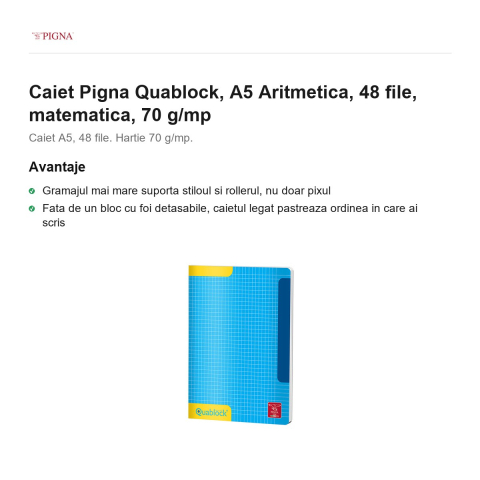 Caiet Pigna Quablock, A5, 48 file, matematica, 70 g/mp, aritmetica [1]