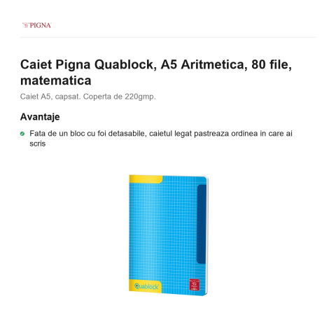 Caiet Pigna Quablock, A5, 80 file, matematica, aritmetica [1]