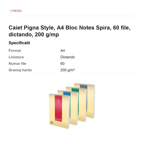 Bloc notes Pigna Style, A4, 60 file, dictando, 200 g/mp, spira [2]