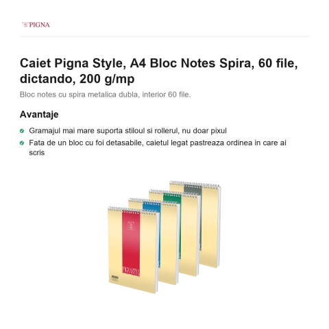 Bloc notes Pigna Style, A4, 60 file, dictando, 200 g/mp, spira [1]