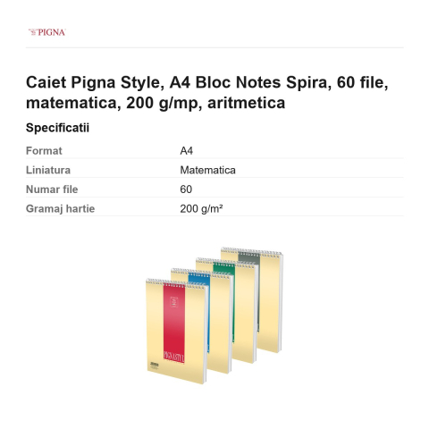 Bloc notes Pigna Style, A4, 60 file, matematica, 200 g/mp, spira aritmetica [2]