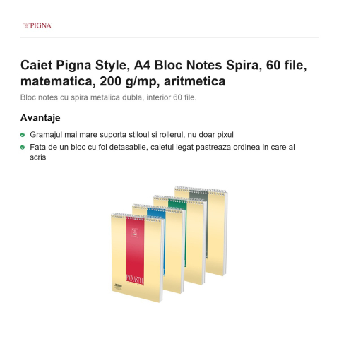 Bloc notes Pigna Style, A4, 60 file, matematica, 200 g/mp, spira aritmetica [1]