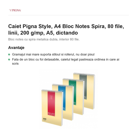 Bloc notes Pigna Style, A4, 80 file, linii, 200 g/mp, spira A5, dictando [1]