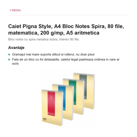 Bloc notes Pigna Style, A4, 80 file, matematica, 200 g/mp, spira A5 aritmetica [1]