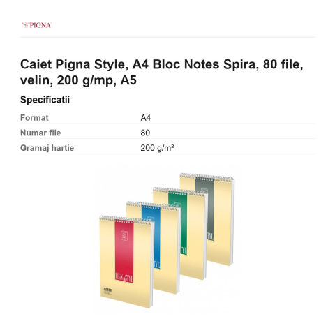 Bloc notes Pigna Style, A4, 80 file, velin, 200 g/mp, spira A5 [2]