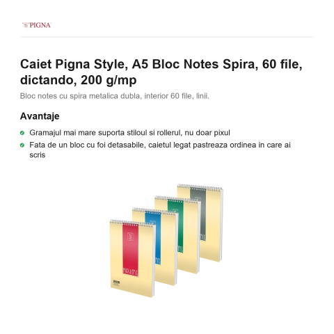 Bloc notes Pigna Style, A5, 60 file, dictando, 200 g/mp, spira [1]