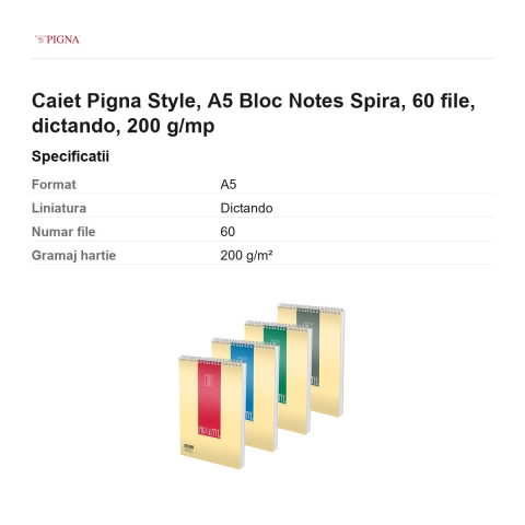 Bloc notes Pigna Style, A5, 60 file, dictando, 200 g/mp, spira [2]