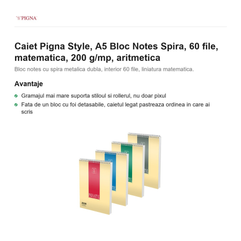 Bloc notes Pigna Style, A5, 60 file, matematica, 200 g/mp, spira aritmetica [1]