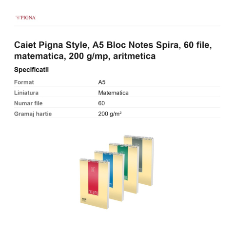 Bloc notes Pigna Style, A5, 60 file, matematica, 200 g/mp, spira aritmetica [2]