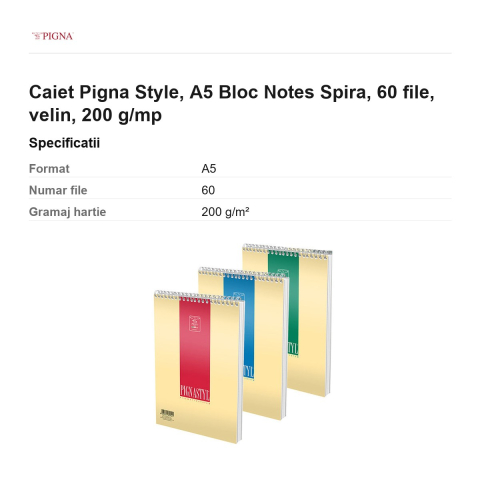 Bloc notes Pigna Style, A5, 60 file, velin, 200 g/mp, spira [2]