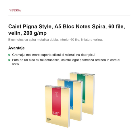 Bloc notes Pigna Style, A5, 60 file, velin, 200 g/mp, spira [1]