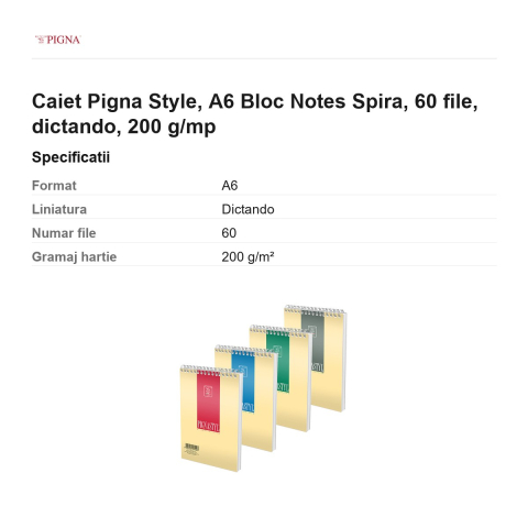 Bloc notes Pigna Style, A6, 60 file, dictando, 200 g/mp, spira [2]