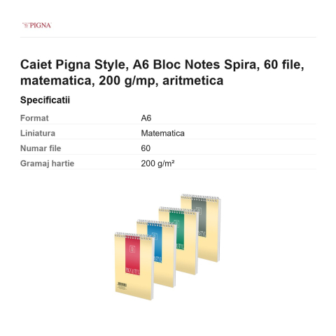 Bloc notes Pigna Style, A6, 60 file, matematica, 200 g/mp, spira aritmetica [2]