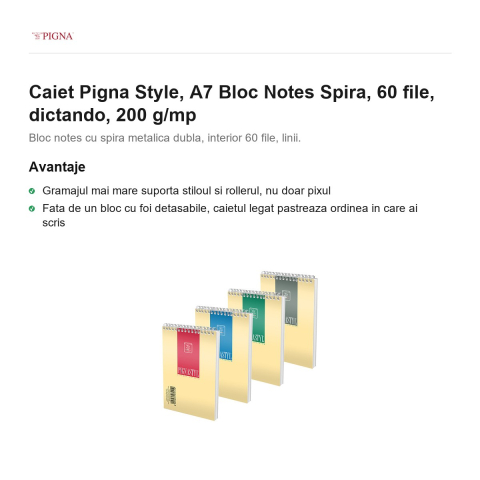 Bloc notes Pigna Style, A7, 60 file, dictando, 200 g/mp, spira [1]